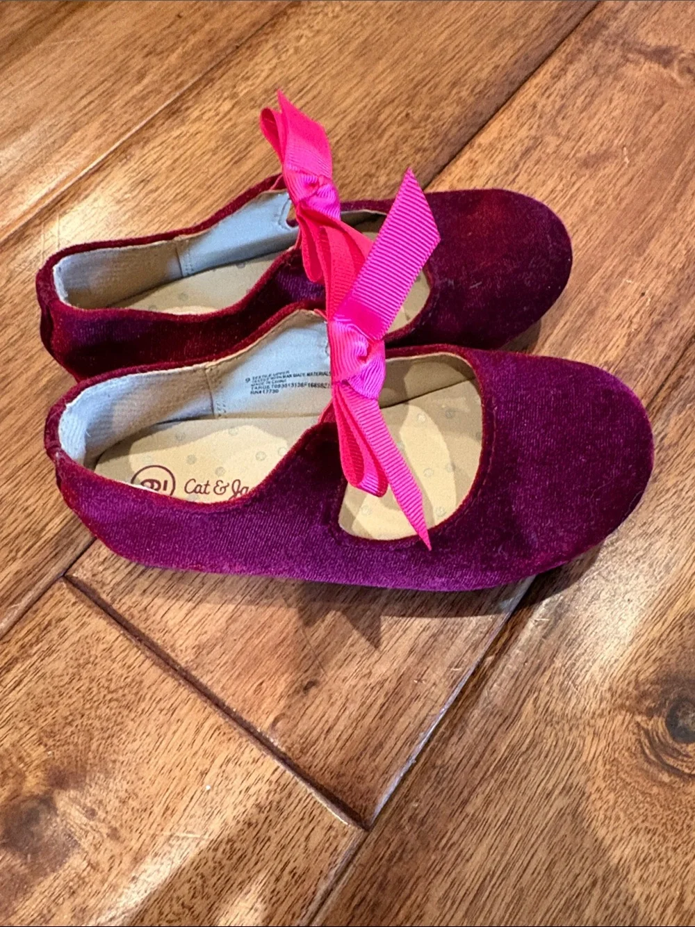 Cat & Jack Velvet Mary Jane Flats in Deep Red with Pink Bow
